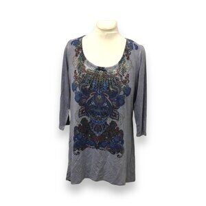 One World 1X Womens Paisley Embellished 3/4 Sleeve Tunic Top Gray